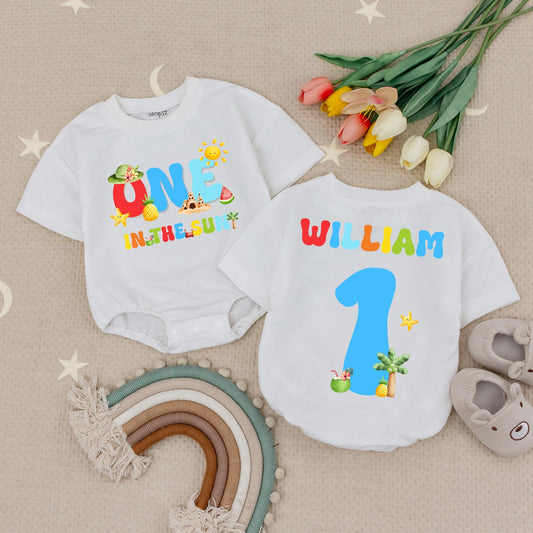 One In The Sun Bright Birthday Baby Romper Pool Beach 1st Boys Birthday Bubble Romper Summer First Birthday Outfit Sun Celebration