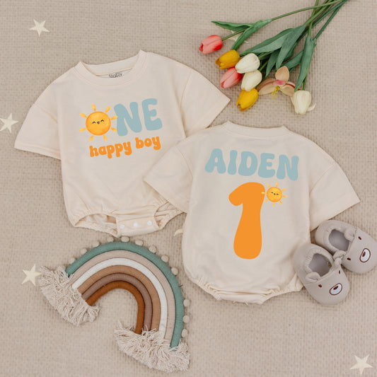 Custom Name Sun First Birthday Baby Romper Happy Boy Retro 1st Birthday Sun Babysuit Theme Outfit Celebration Cotton