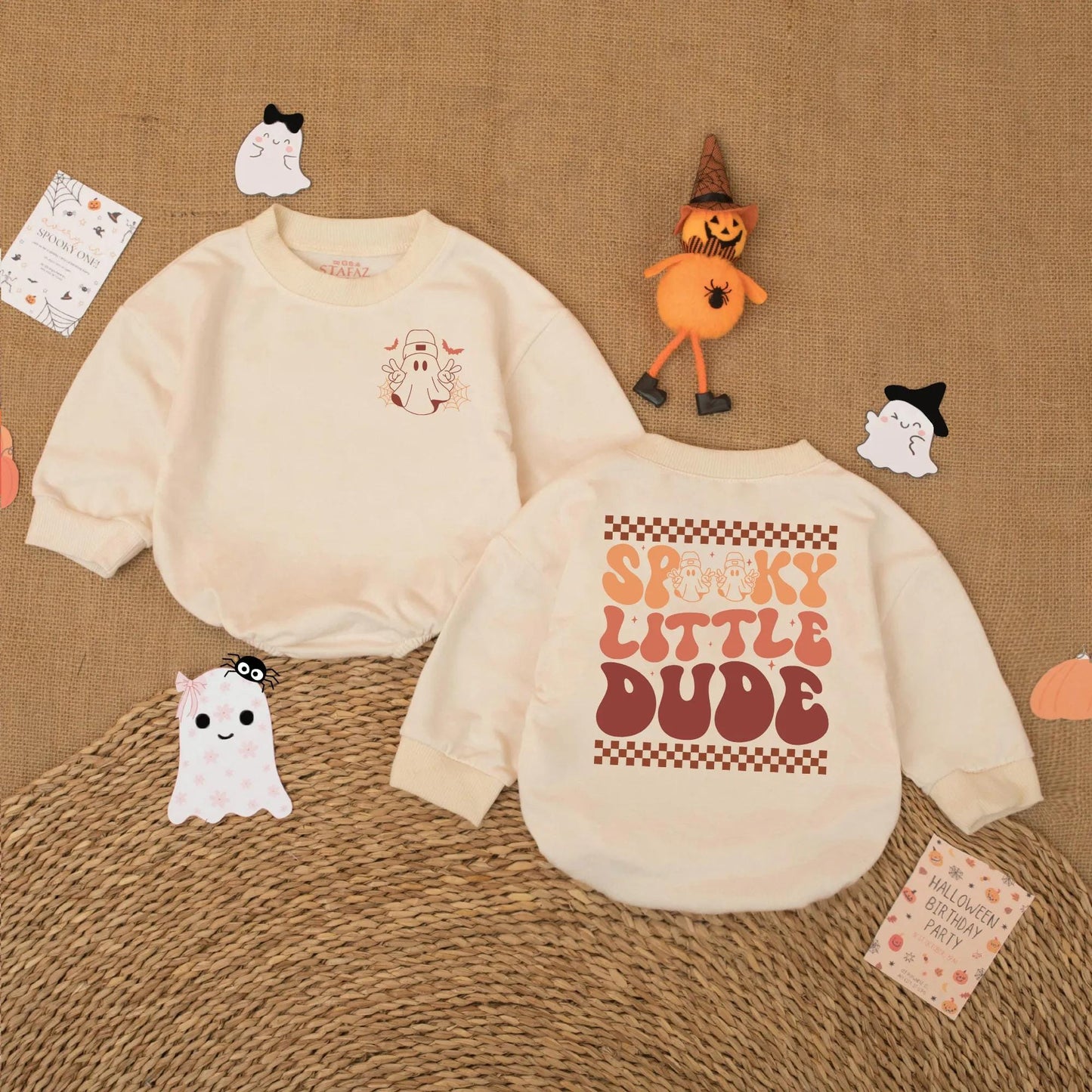 Cute Spooky Little Dude Baby Boy Halloween Romper Ghost Bodysuit perfect first outfit infant costume for retro fall soft comfortable fun