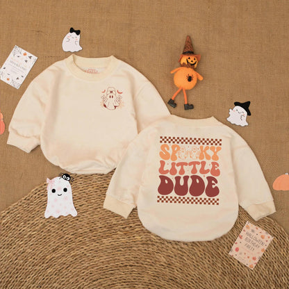 Cute Spooky Little Dude Baby Boy Halloween Romper Ghost Bodysuit perfect first outfit infant costume for retro fall soft comfortable fun