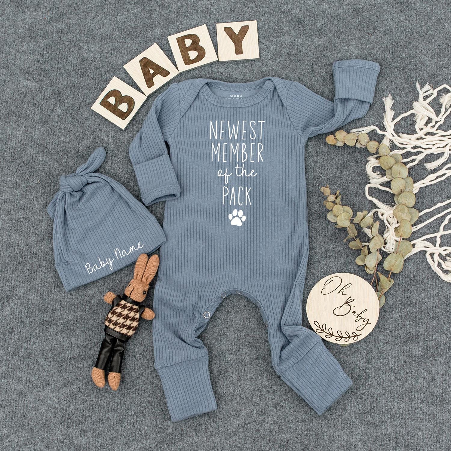 Personalized Newest Member of the Pack Baby Bodysuit & Hat Set, Newborn Infant Gender Neutral Coming Home Outfit, Cute Pet Family Grandparents Baby Shower Gift