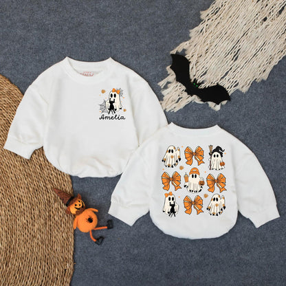 Custom Spooky Ghost Baby Romper for First Halloween! Personalized Oversized Infant Bodysuit, Cute Costume, Spooky Season Gift (137 chars)