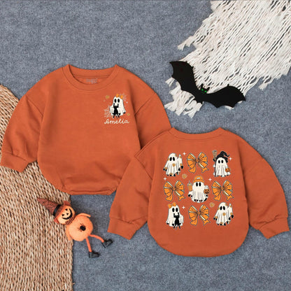 Custom Spooky Ghost Baby Romper for First Halloween! Personalized Oversized Infant Bodysuit, Cute Costume, Spooky Season Gift (137 chars)