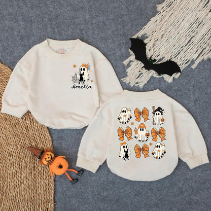 Custom Spooky Ghost Baby Romper for First Halloween! Personalized Oversized Infant Bodysuit, Cute Costume, Spooky Season Gift (137 chars)