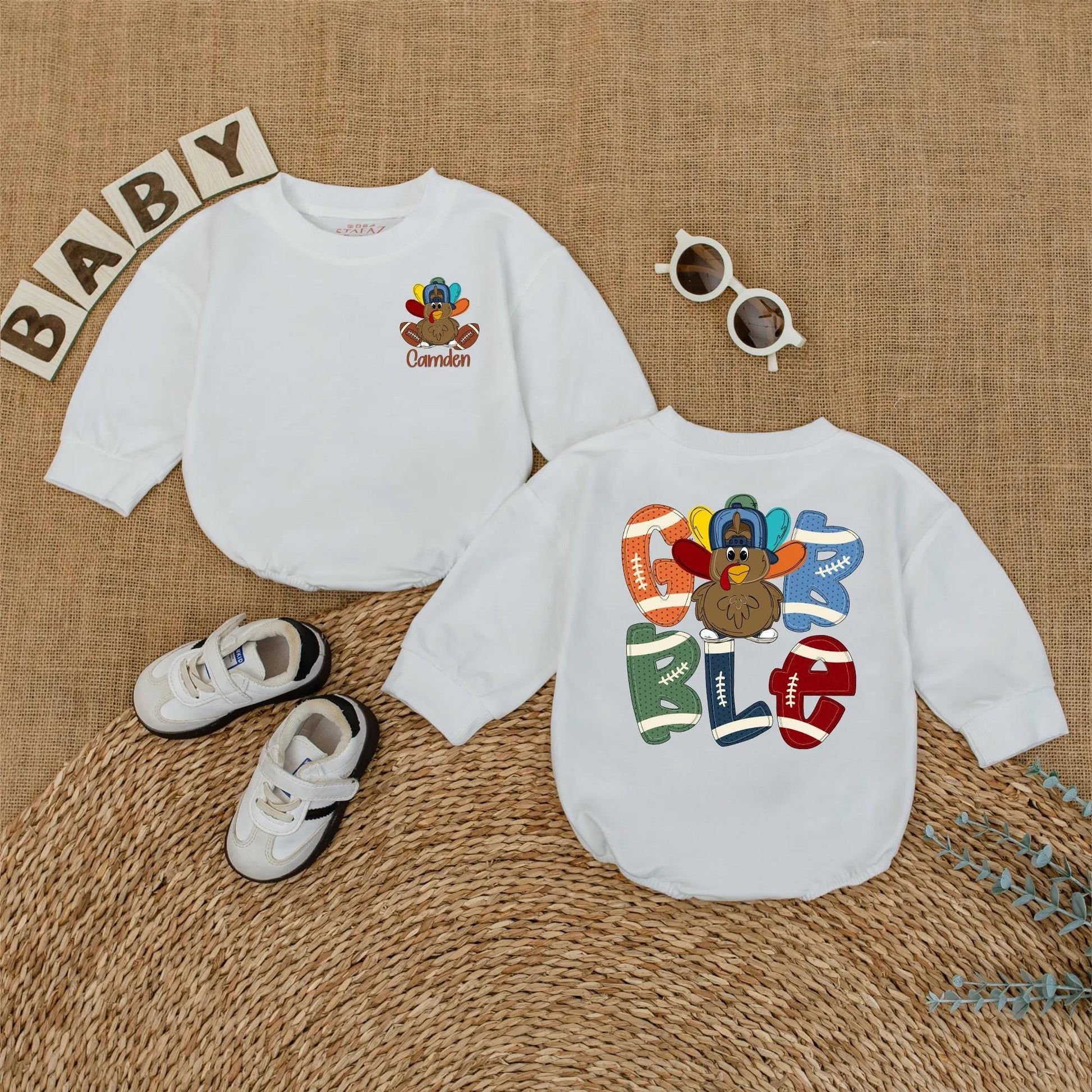 Personalized Boys Thanksgiving Gobble Turkey Football Baby Romper Custom Name Fall Baby Bodysuit Outfit Cute Sports Shower Gift