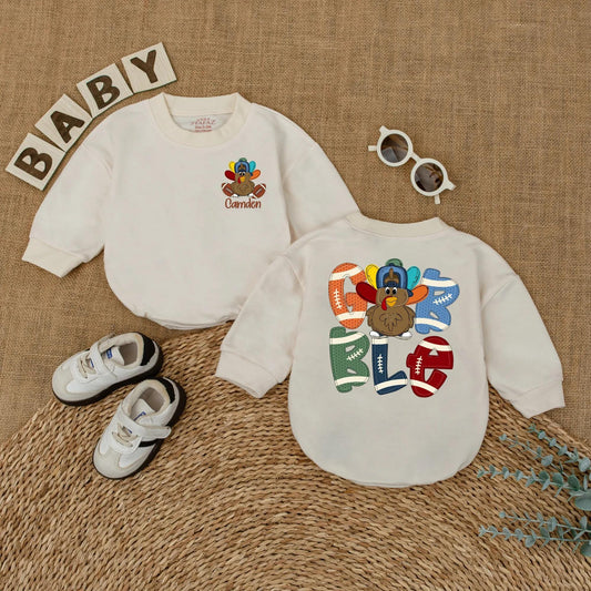 Personalized Boys Thanksgiving Gobble Turkey Football Baby Romper Custom Name Fall Baby Bodysuit Outfit Cute Sports Shower Gift