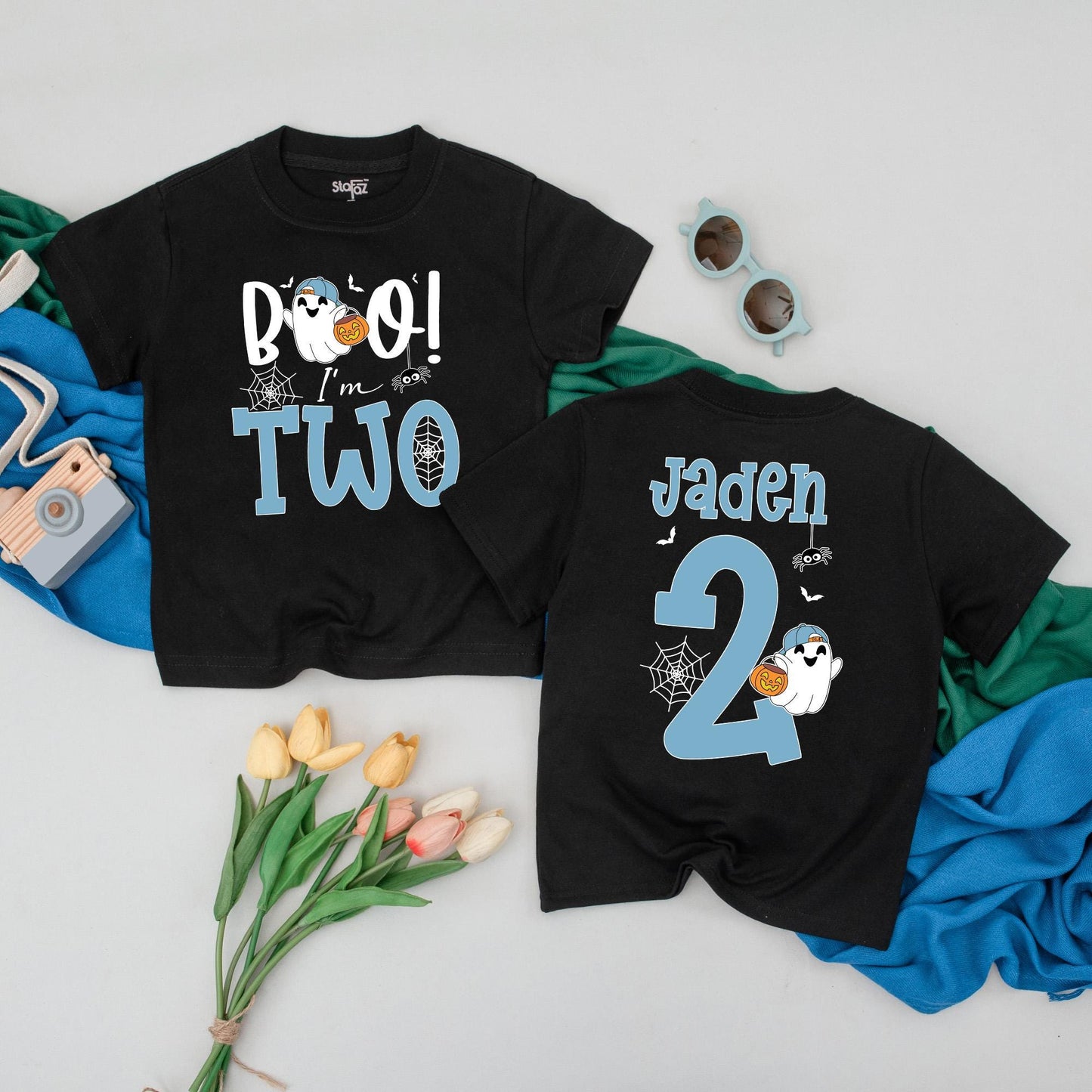 Personalized Boo I'm Two Halloween Birthday Shirt for Toddler Boy Spooky Second Birthday Party Outfit Tee Comfortable Cotton Gift