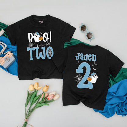 Personalized Boo I'm Two Halloween Birthday Shirt for Toddler Boy Spooky Second Birthday Party Outfit Tee Comfortable Cotton Gift