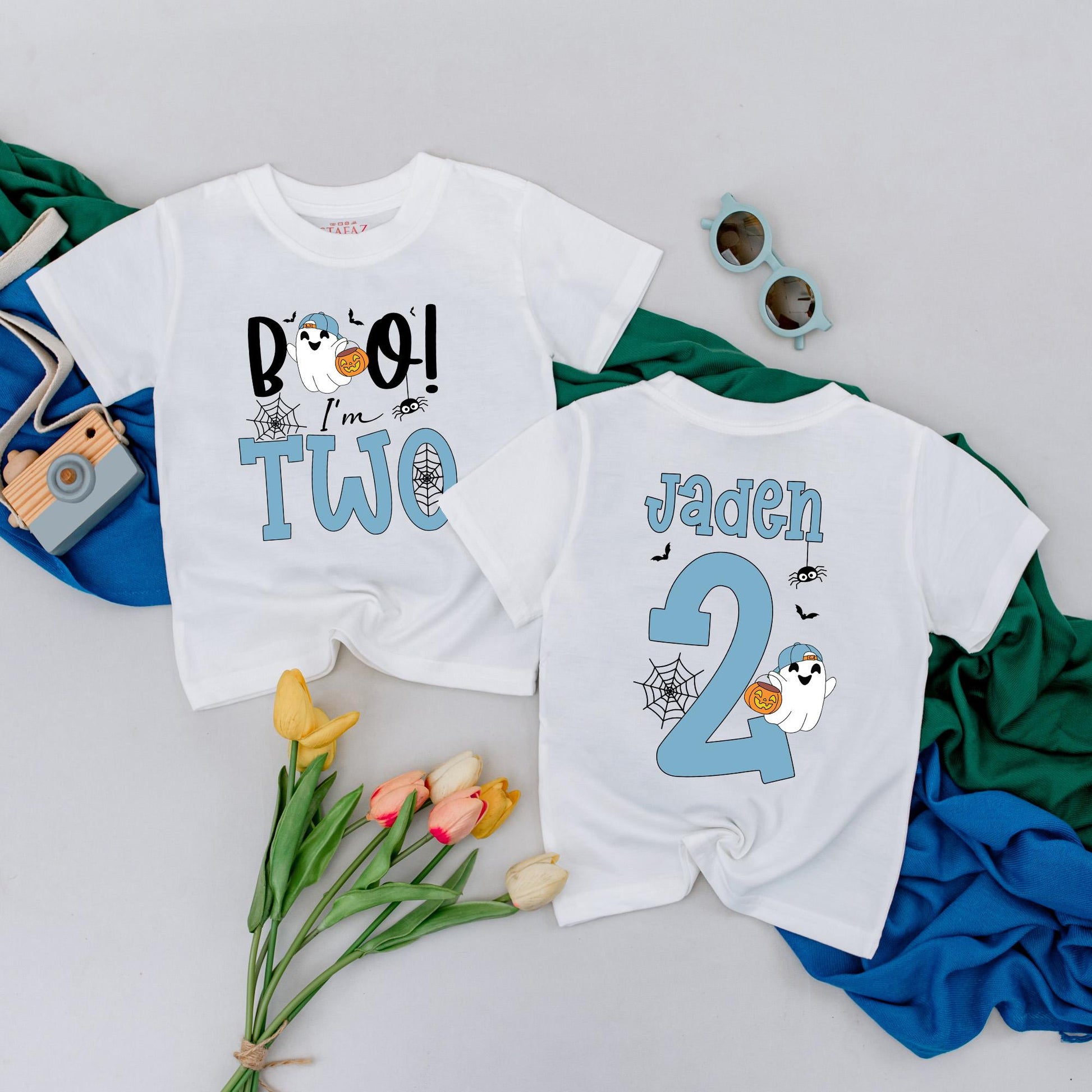 Personalized Boo I'm Two Halloween Birthday Shirt for Toddler Boy Spooky Second Birthday Party Outfit Tee Comfortable Cotton Gift