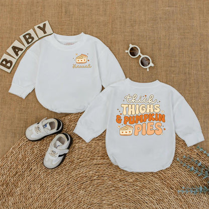 Baby Girl Thick Thighs & Pumpkin Pies Romper Custom Fall Bodysuit Thanksgiving Outfit Gift First Thanksgiving Bubble Romper