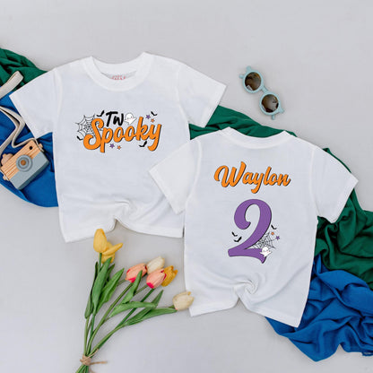 Personalized "Two Spooky" Halloween Birthday Shirt for Boys, 2nd Birthday Toddler Tee with Ghost Bats & Stars Design, Spooky Fun Party Outfit