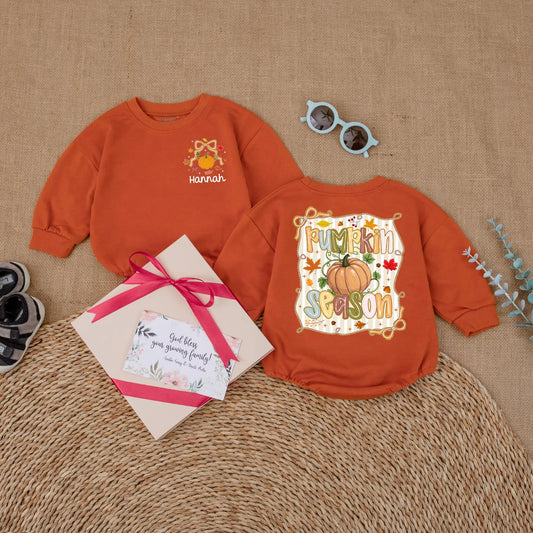 Personalized Pumpkin Season Bubble Romper Cute Fall Baby Girl Bodysuit Sweet Thanksgiving Outfit Little Pumpkin Patch Gift