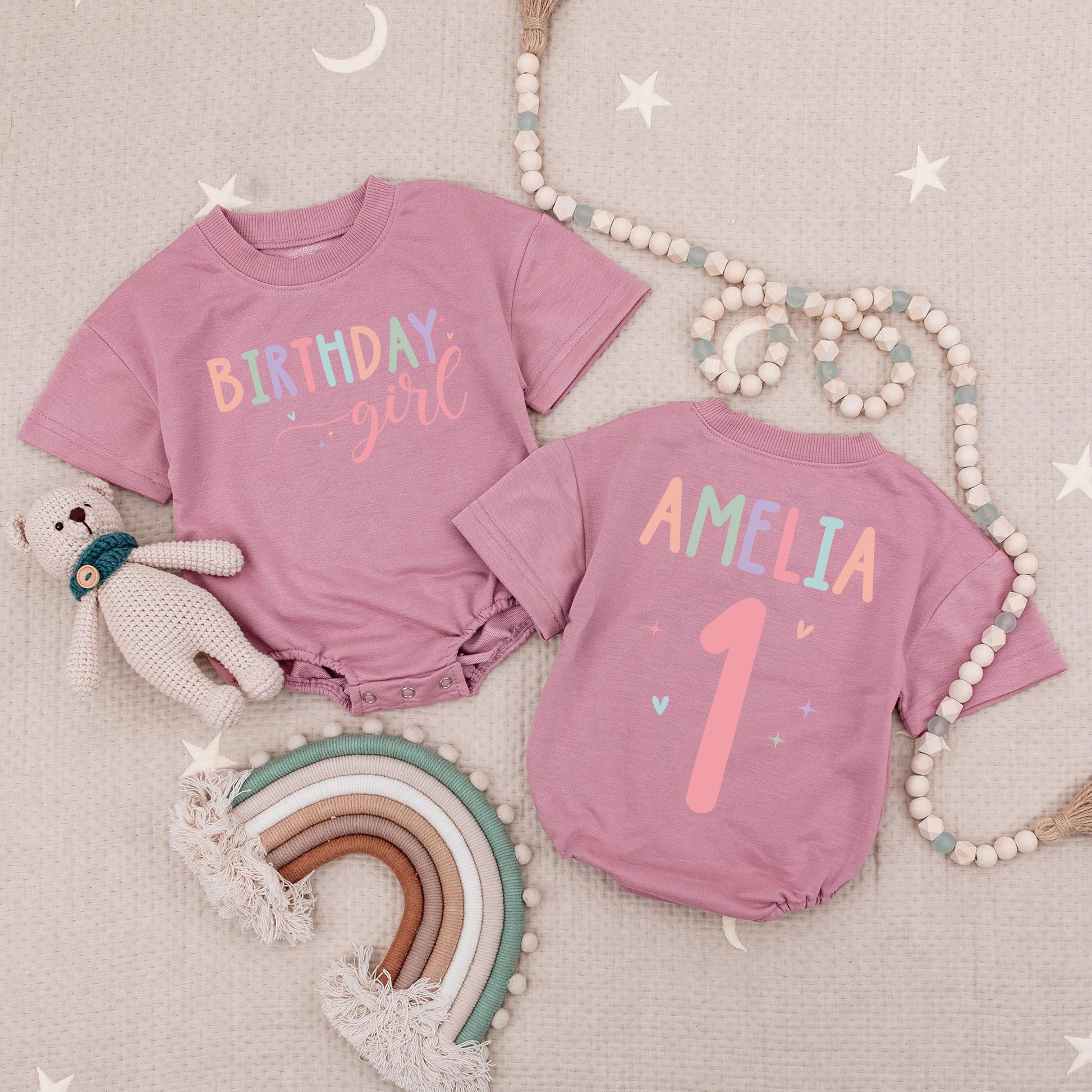 Custom Name Birthday Girl Baby Bubble Romper Rainbow Birthday Outfit Soft Comfortable Cotton Infant Toddler Girl Celebration Clothes Adorable Gift