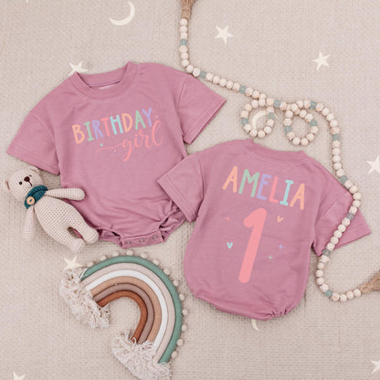 Custom Name Birthday Girl Baby Bubble Romper Rainbow Birthday Outfit Soft Comfortable Cotton Infant Toddler Girl Celebration Clothes Adorable Gift
