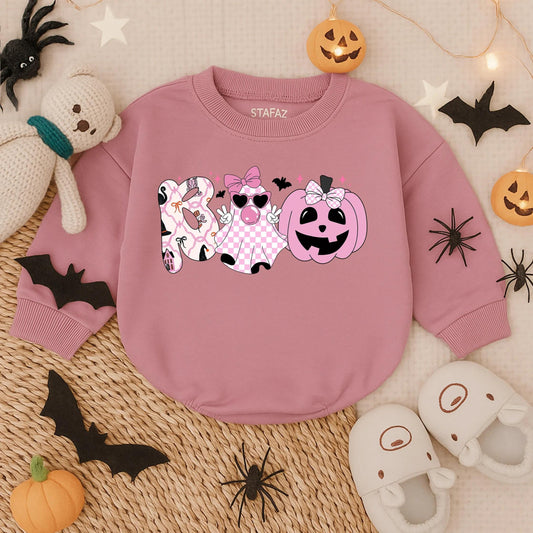 Boo Ghost Bubble Romper Baby Girl Halloween Outfit Spooky Pumpkin Costume Retro Fall Checker with Bow for First Boo Celebration