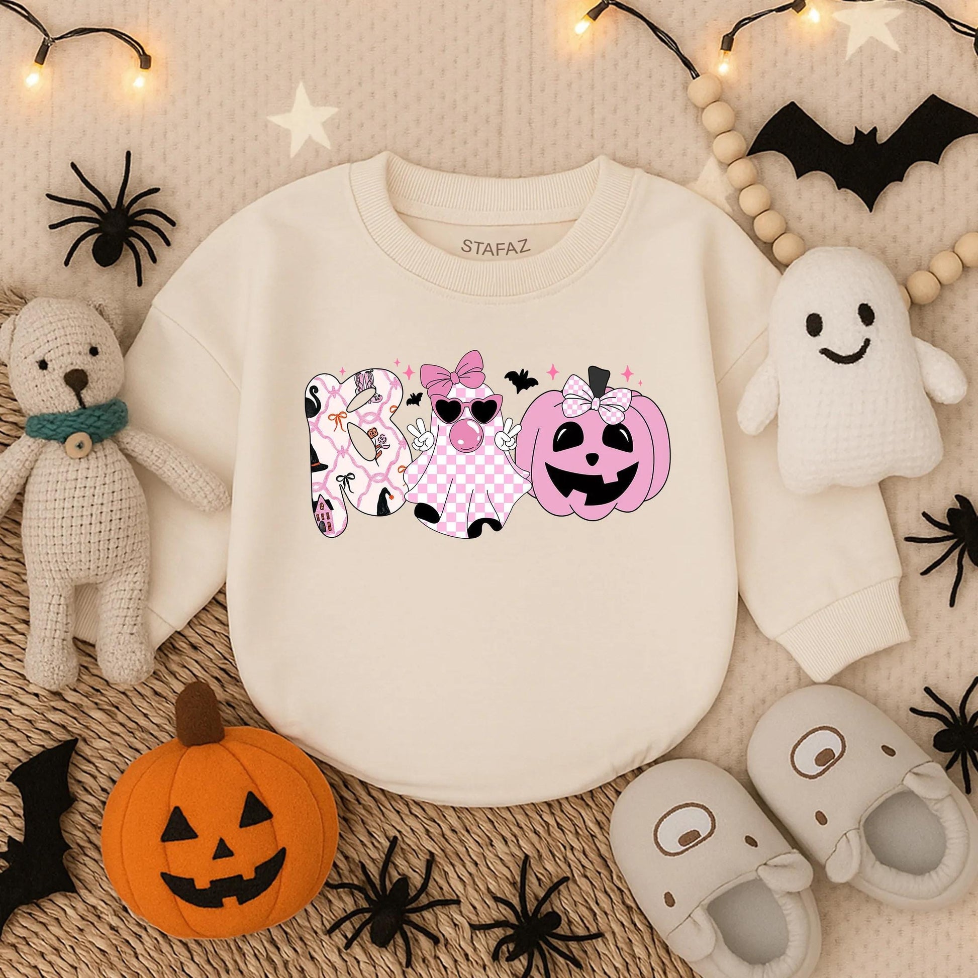 Boo Ghost Bubble Romper Baby Girl Halloween Outfit Spooky Pumpkin Costume Retro Fall Checker with Bow for First Boo Celebration