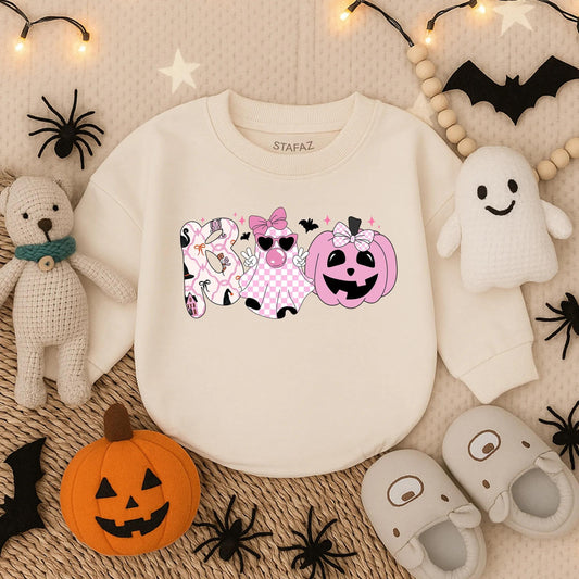 Boo Ghost Bubble Romper Baby Girl Halloween Outfit Spooky Pumpkin Costume Retro Fall Checker with Bow for First Boo Celebration