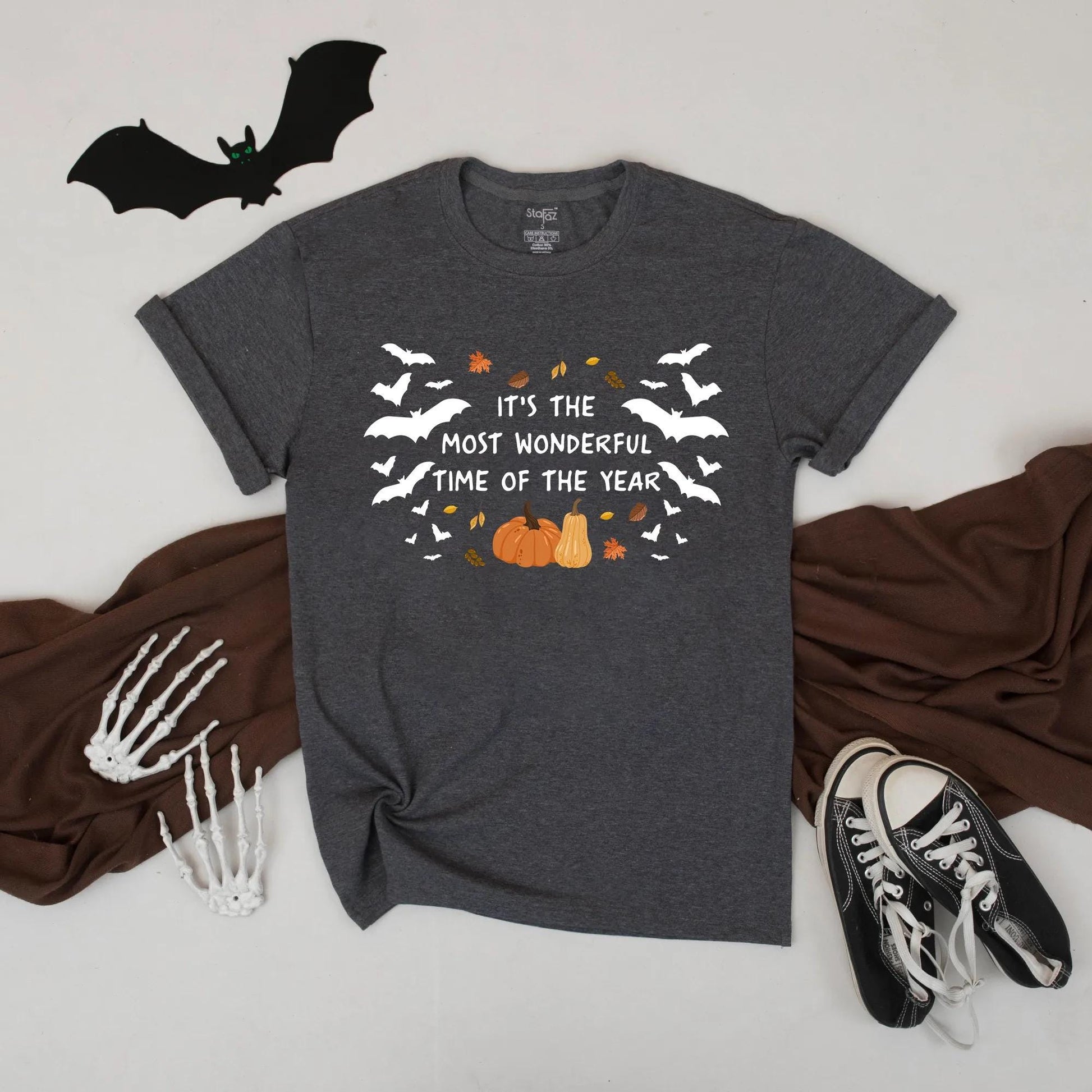 It’s The Most Wonderful Time of The Year Halloween Bat Pumpkin Fall Autumn Leaves Festive Spooky Season Graphic Tee Unisex