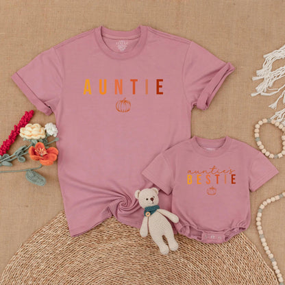 Auntie & Auntie's Bestie Matching Pumpkin Shirts Gradient Autumn Family Thanksgiving Outfits Baby Romper