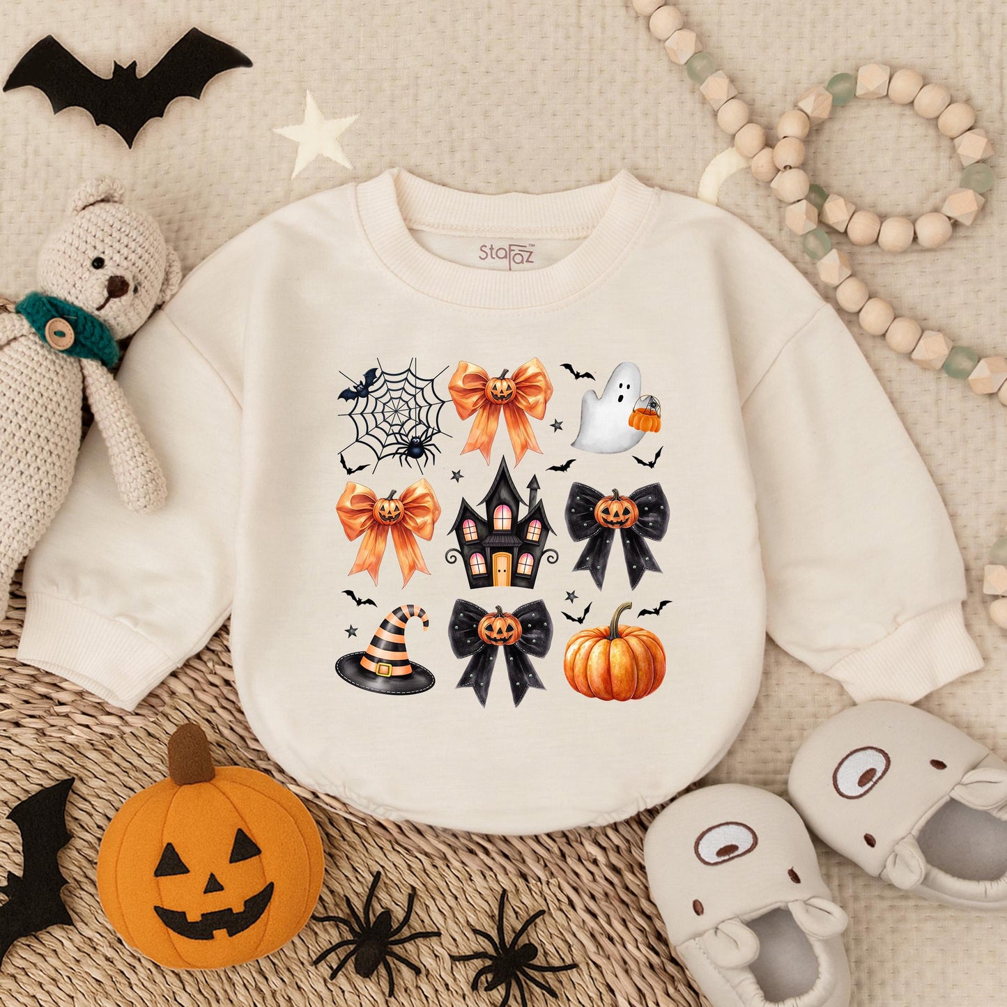 Preppy Halloween Bubble Romper for Baby Girls Ghost Pumpkin Costume Cute Toddler Outfit Fall Baby Clothes Spooky Gift