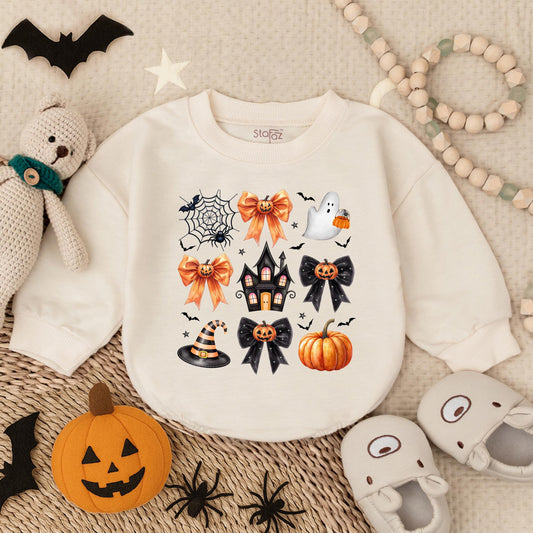 Preppy Halloween Bubble Romper for Baby Girls Ghost Pumpkin Costume Cute Toddler Outfit Fall Baby Clothes Spooky Gift