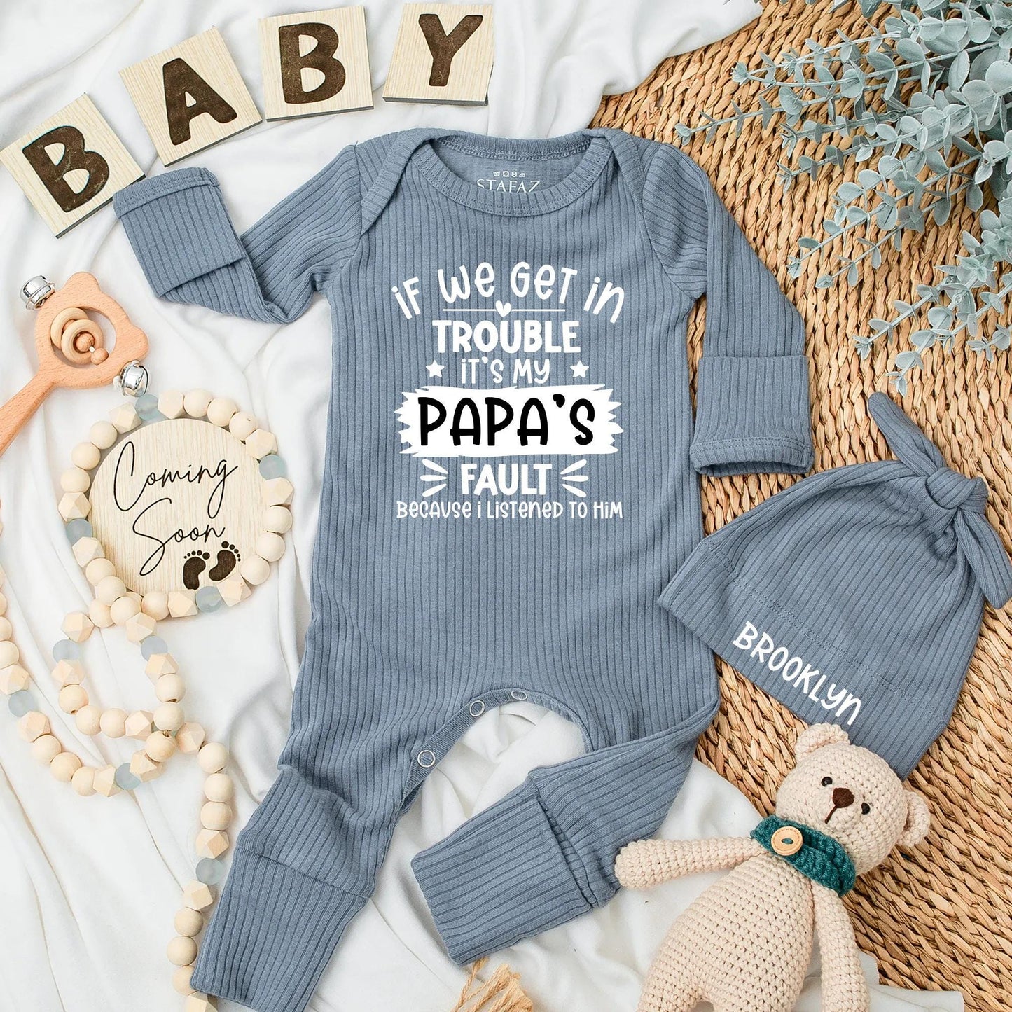 Papa's Fault Funny Baby Bodysuit, Newborn Outfit, Playful Black Font Design with Stars, Cute Gift for New Dad, Soft Cotton Clothes, Baby Shower Present