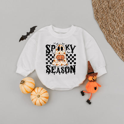 Retro Ghost Spooky Season Happy Halloween Baby Bubble Romper with Vintage Bats Design and Pumpkin Patch for Newborn Infant Boy Girl Fall Outfit