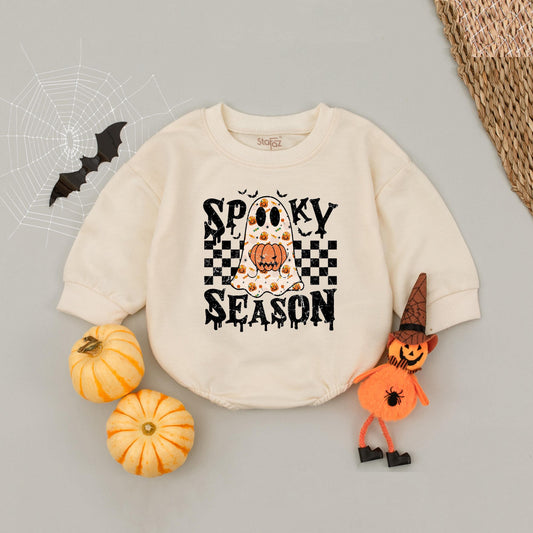 Retro Ghost Spooky Season Happy Halloween Baby Bubble Romper with Vintage Bats Design and Pumpkin Patch for Newborn Infant Boy Girl Fall Outfit