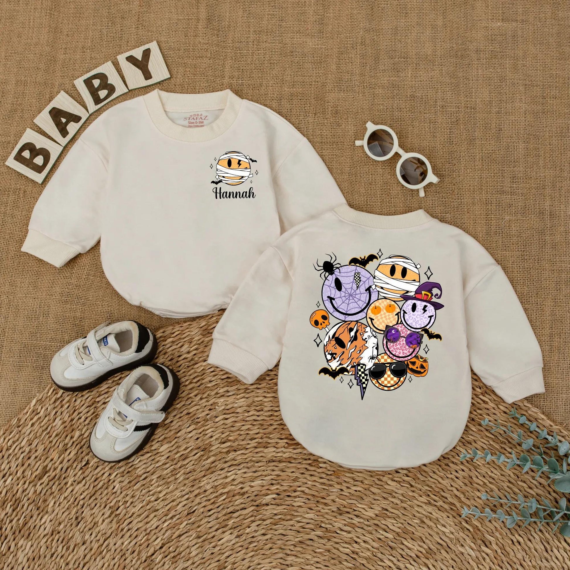 Personalized Halloween Smiley Face Baby Romper Custom Name Bodysuit Cute Fall Pumpkin Season Outfit for Baby Boy Girl Toddler