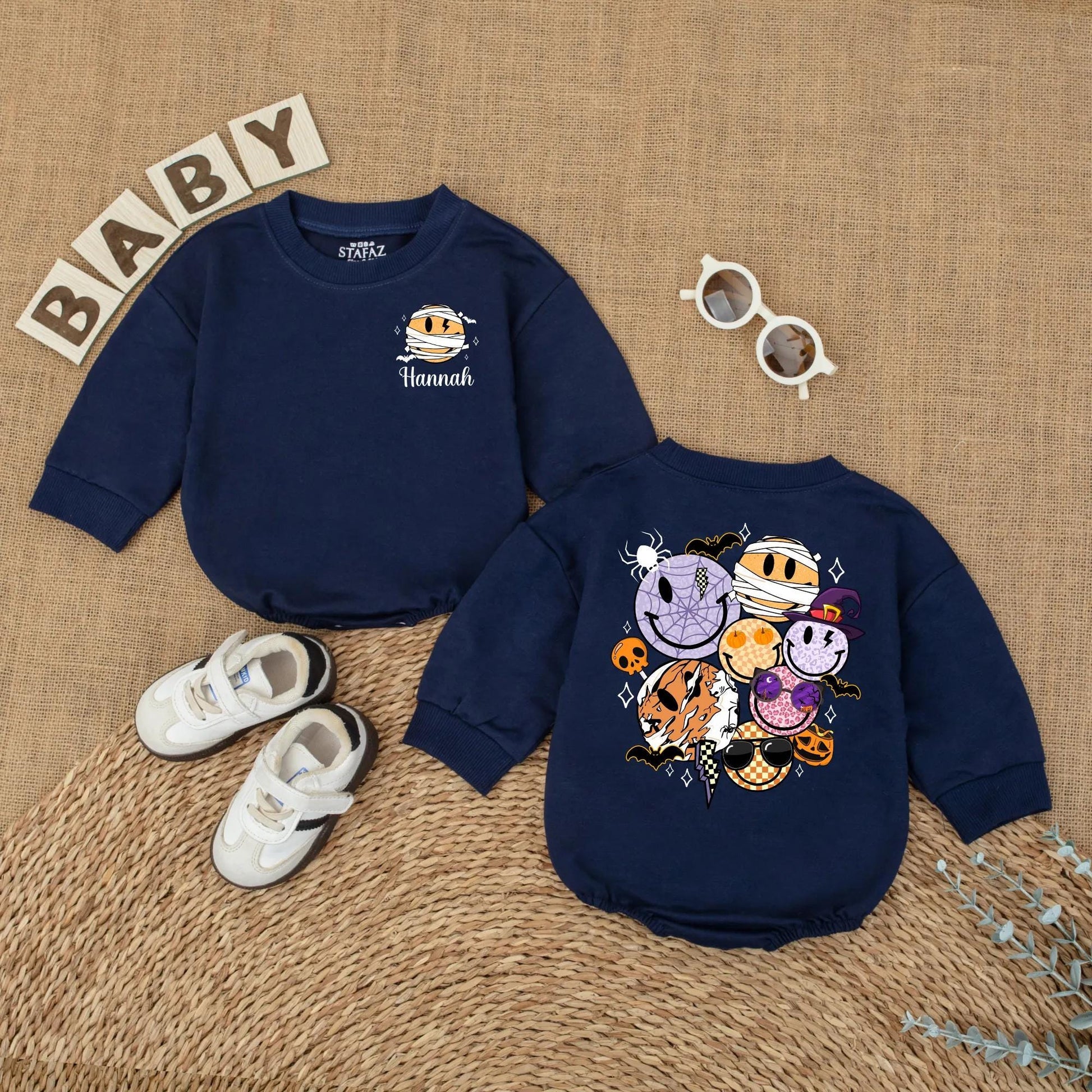 Personalized Halloween Smiley Face Baby Romper Custom Name Bodysuit Cute Fall Pumpkin Season Outfit for Baby Boy Girl Toddler