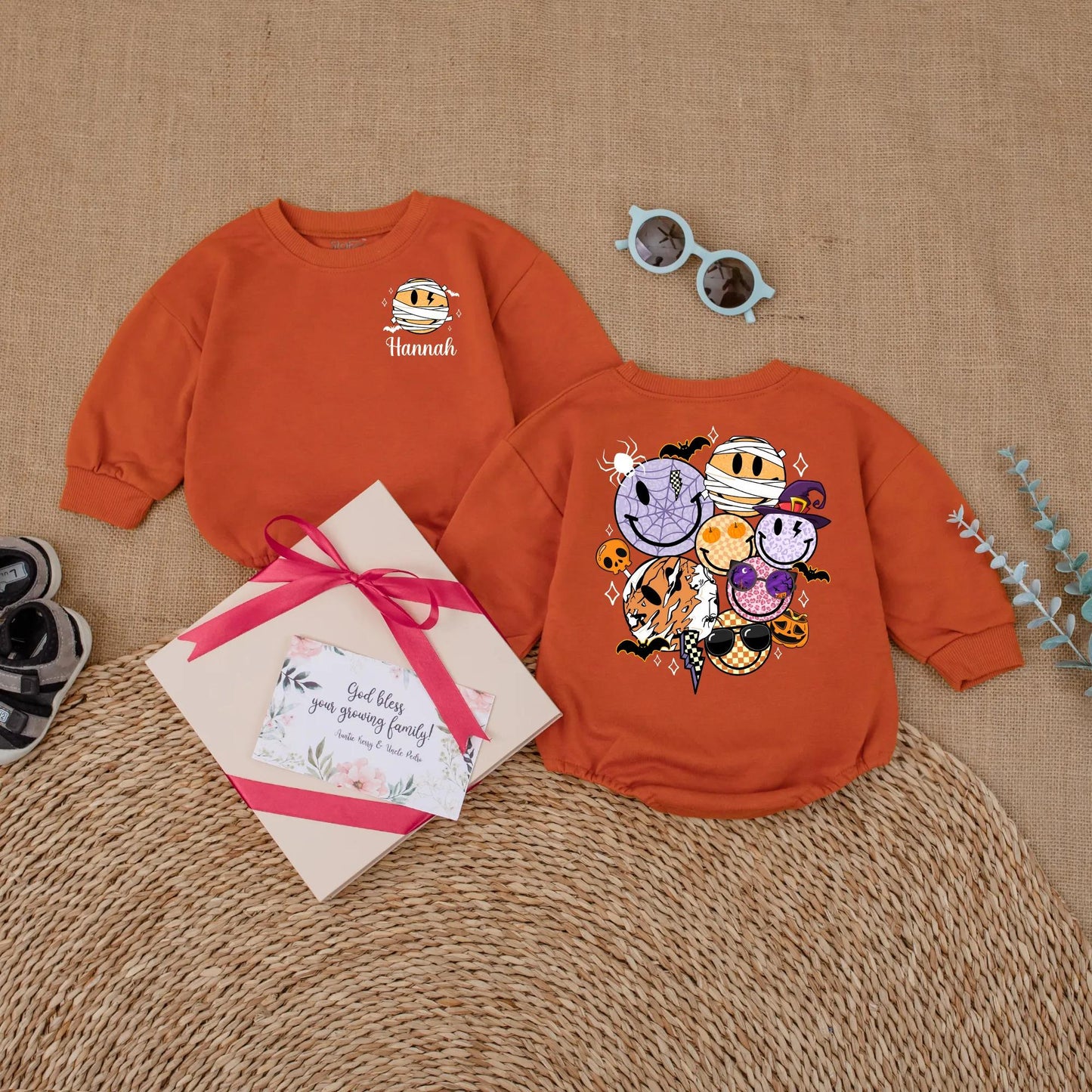Personalized Halloween Smiley Face Baby Romper Custom Name Bodysuit Cute Fall Pumpkin Season Outfit for Baby Boy Girl Toddler