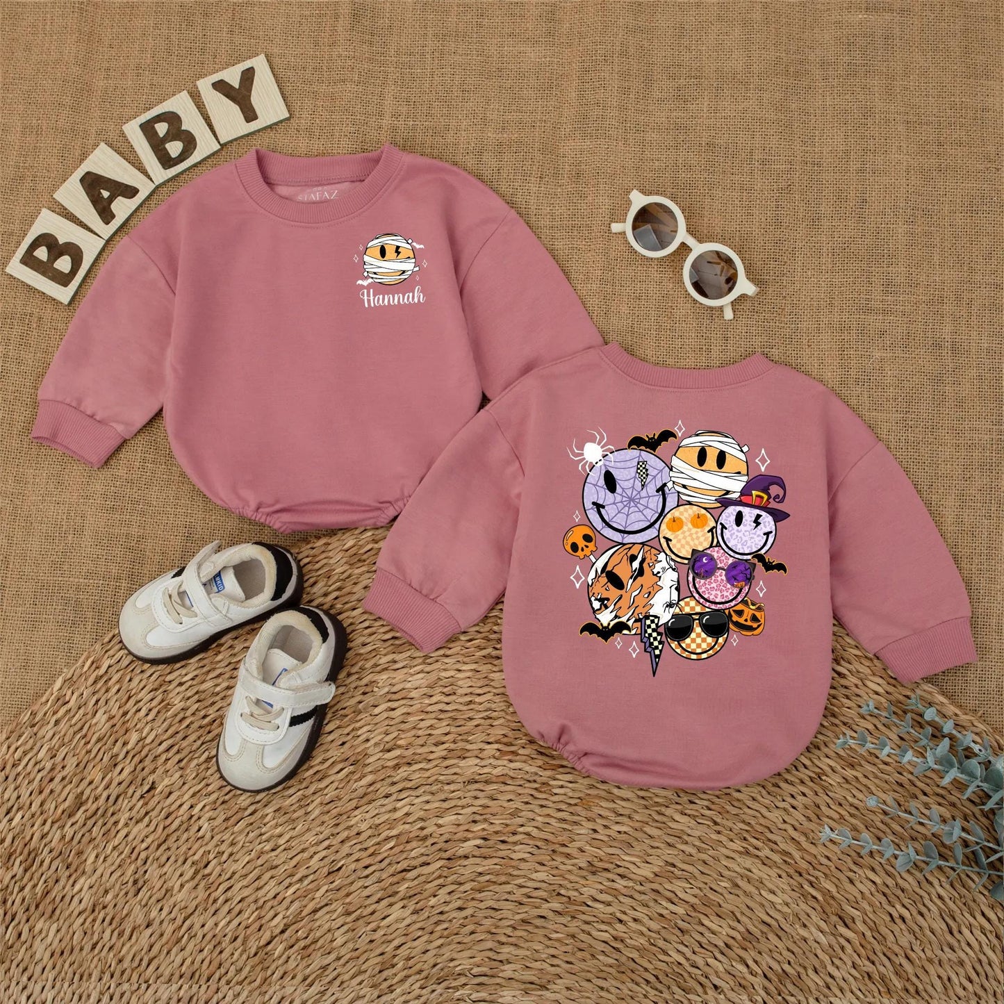 Personalized Halloween Smiley Face Baby Romper Custom Name Bodysuit Cute Fall Pumpkin Season Outfit for Baby Boy Girl Toddler