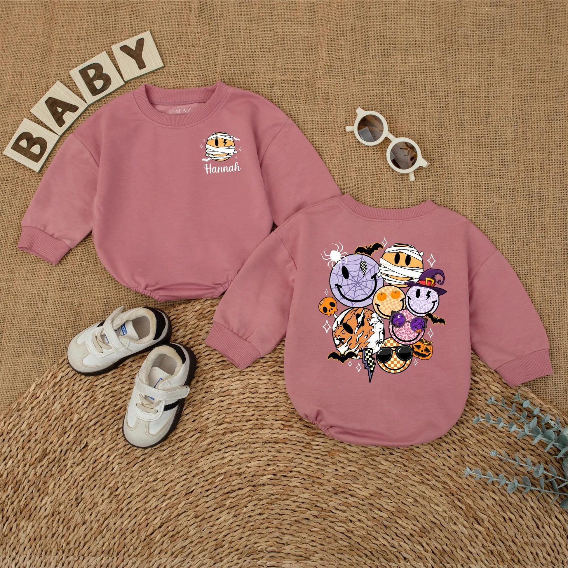 Personalized Halloween Smiley Face Baby Romper Custom Name Bodysuit Cute Fall Pumpkin Season Outfit for Baby Boy Girl Toddler