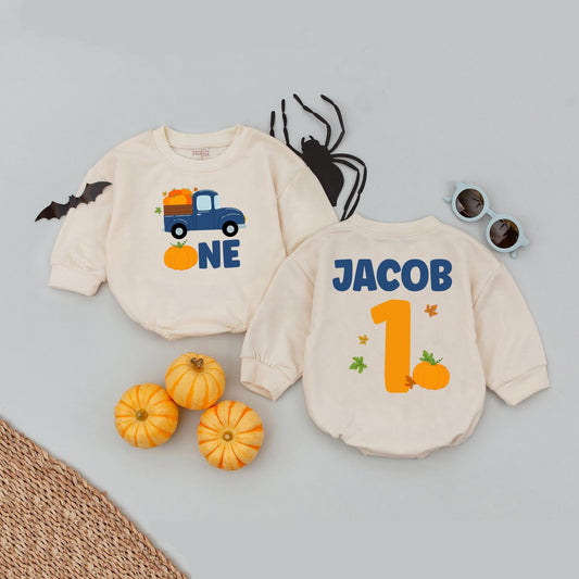Personalized Pumpkin Truck 1st Birthday Romper, Custom Name One Year Old Outfit, Fall Bday Boy Clothes, Navy Orange First Birthday, Festive Autumn