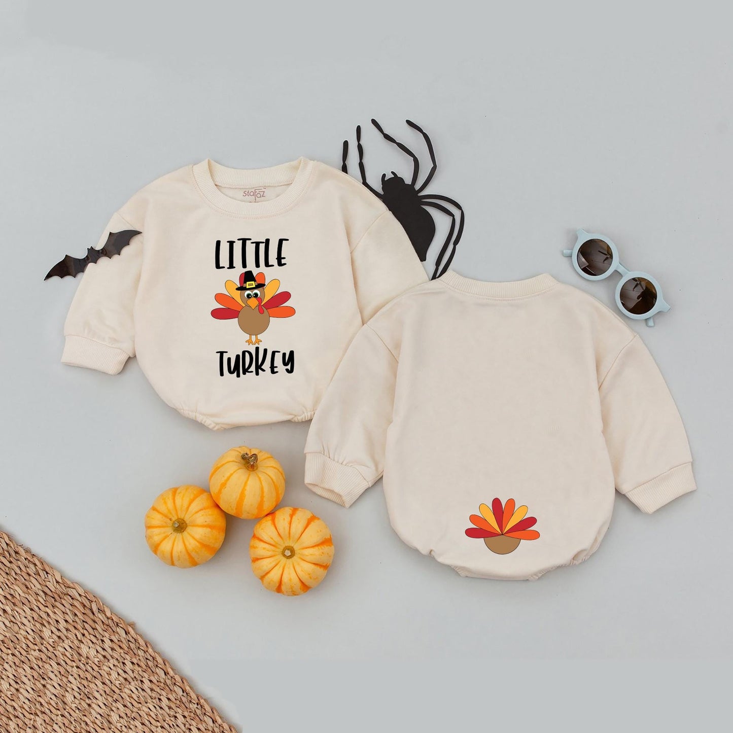 Little Turkey Baby Thanksgiving Romper with Pilgrim Hat Graphic First Fall Outfit Infant Bodysuit Turkey Tail Feathers Red Orange Yellow Design