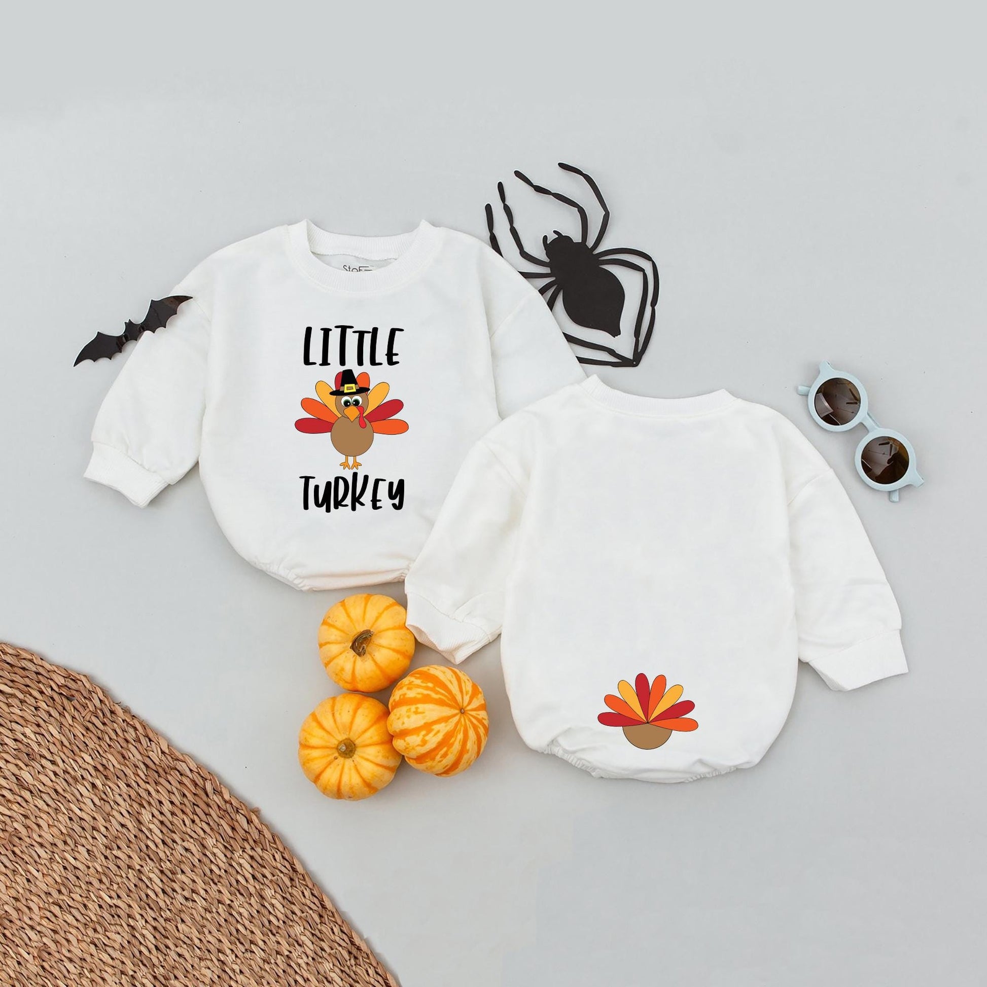 Little Turkey Baby Thanksgiving Romper with Pilgrim Hat Graphic First Fall Outfit Infant Bodysuit Turkey Tail Feathers Red Orange Yellow Design