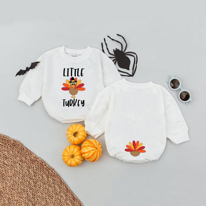 Little Turkey Baby Thanksgiving Romper with Pilgrim Hat Graphic First Fall Outfit Infant Bodysuit Turkey Tail Feathers Red Orange Yellow Design