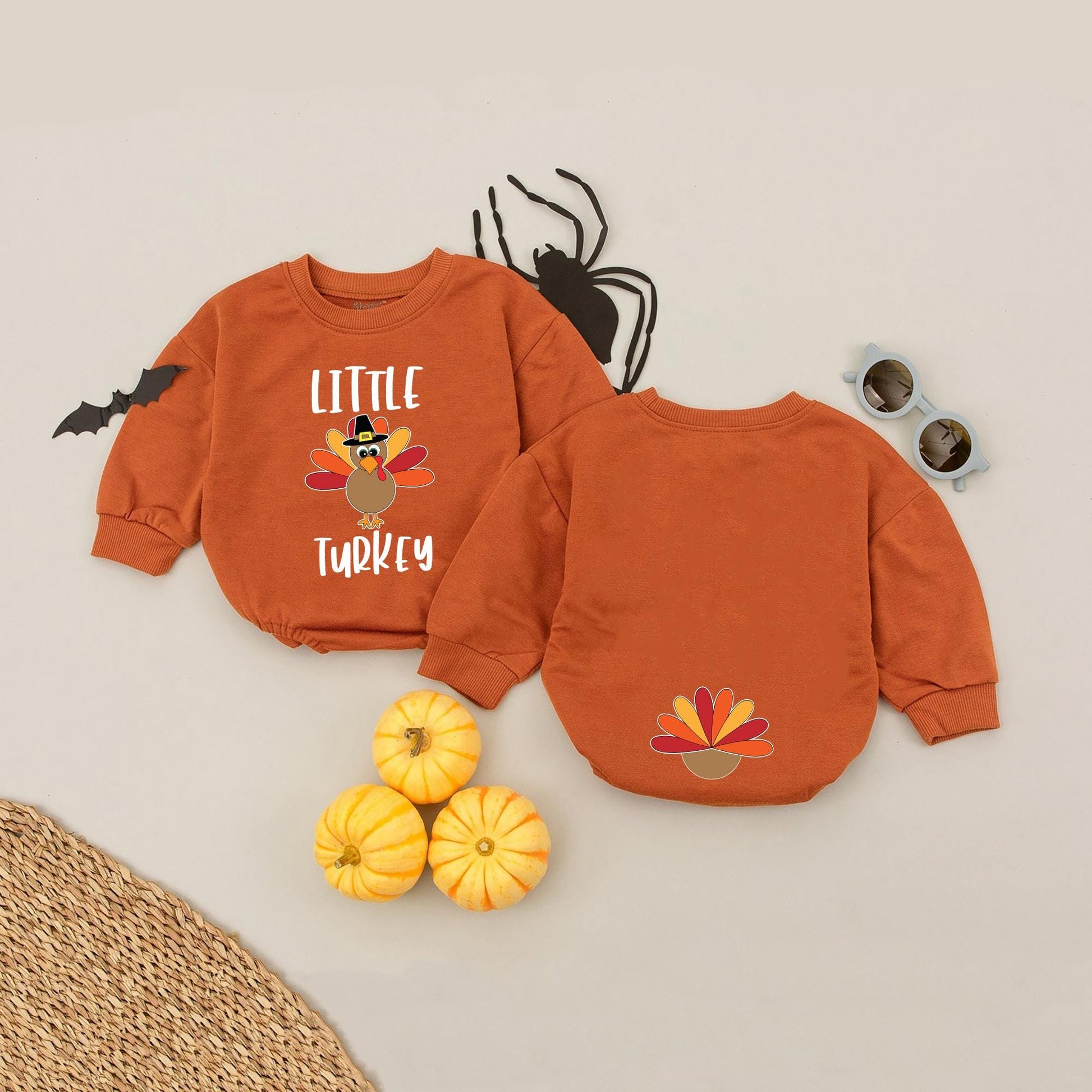 Little Turkey Baby Thanksgiving Romper with Pilgrim Hat Graphic First Fall Outfit Infant Bodysuit Turkey Tail Feathers Red Orange Yellow Design