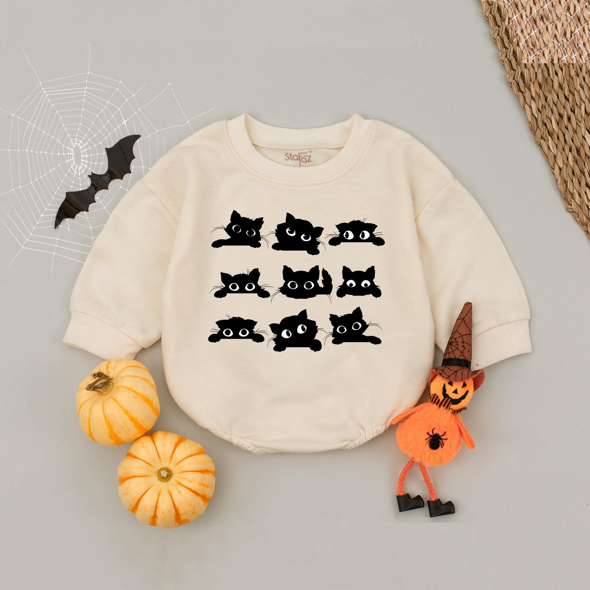 Cute Black Cat Baby Romper with Nine Cartoon Felines 3x3 Grid Fun Baby Shower Gift for Cat Lovers Natural Bodysuit