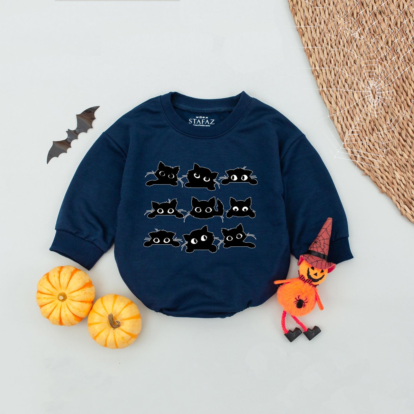 Cute Black Cat Baby Romper with Nine Cartoon Felines 3x3 Grid Fun Baby Shower Gift for Cat Lovers Natural Bodysuit