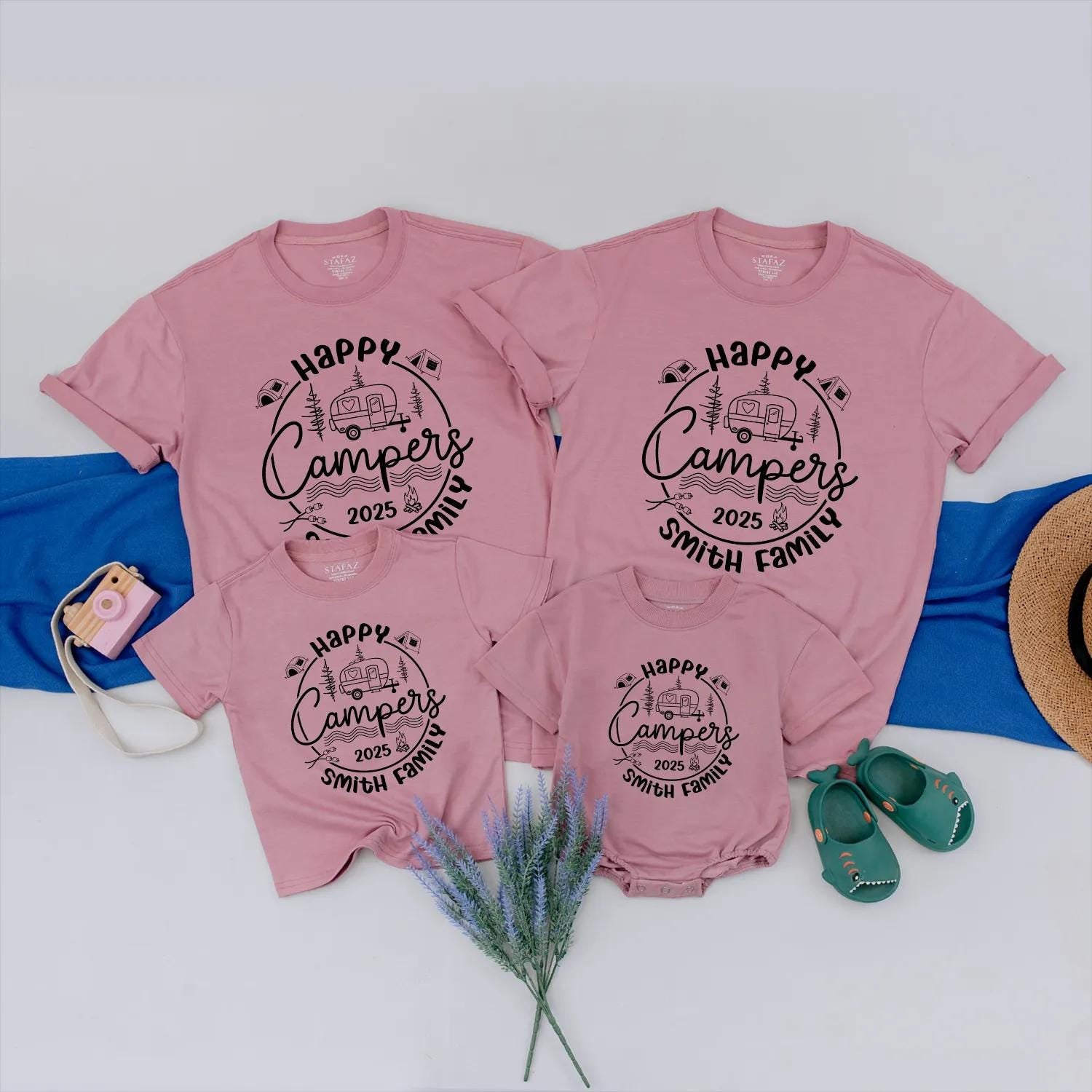 Happy Campers 2025 Family Trip Shirts: Custom Camping Adventure Outfit with Personalized Name, Big Family Vacation Clothes, Whimsical Outdoor Tee