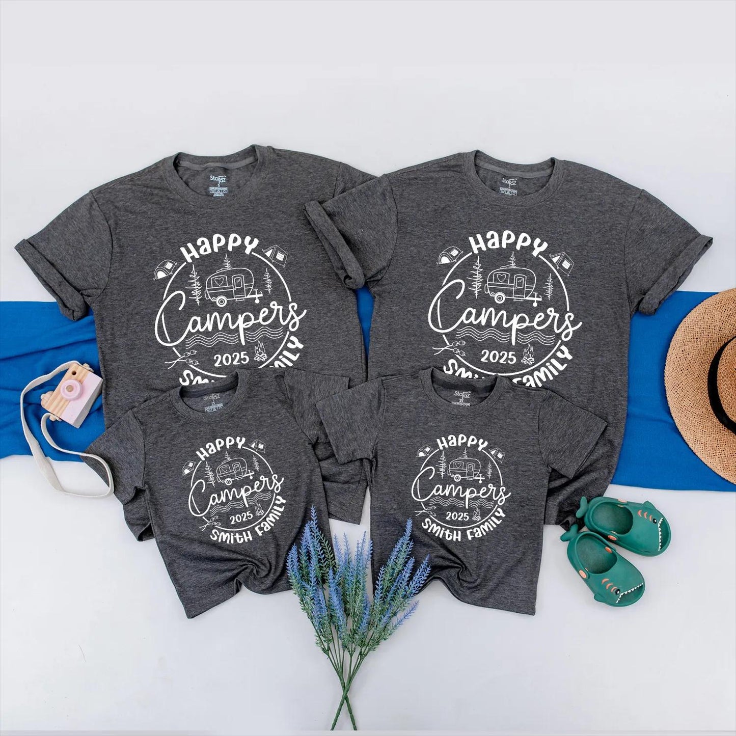 Happy Campers 2025 Family Trip Shirts: Custom Camping Adventure Outfit with Personalized Name, Big Family Vacation Clothes, Whimsical Outdoor Tee