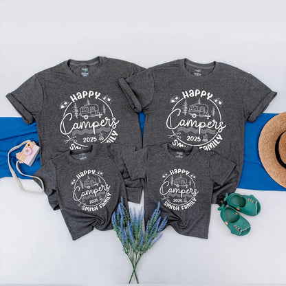 Happy Campers 2025 Family Trip Shirts: Custom Camping Adventure Outfit with Personalized Name, Big Family Vacation Clothes, Whimsical Outdoor Tee