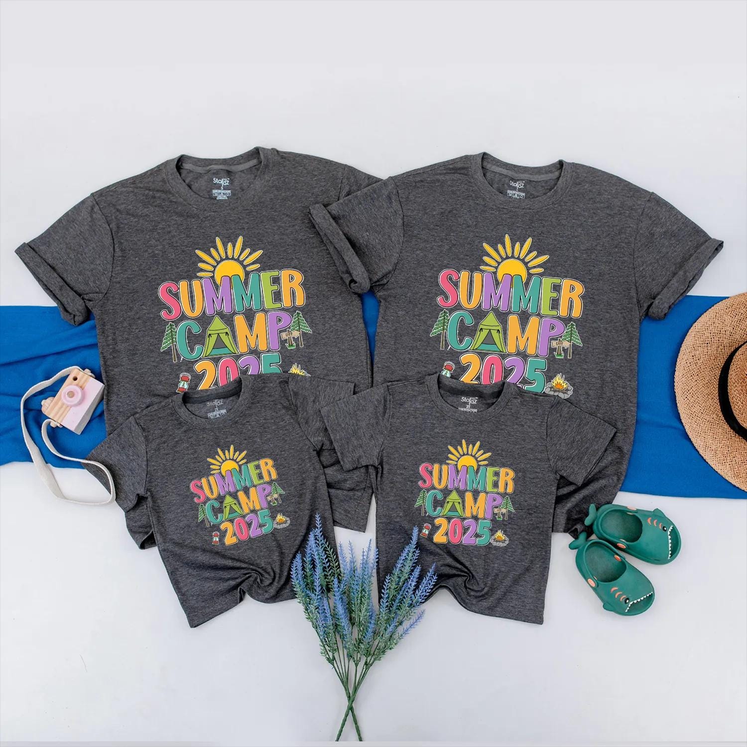 Colorful Summer Camp 2025 Shirt for Family Camping Vacation, Cheerful Group Tee with Sun Tent Campfire Graphics, Nature Lover Adventure Outfit