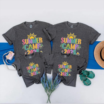 Colorful Summer Camp 2025 Shirt for Family Camping Vacation, Cheerful Group Tee with Sun Tent Campfire Graphics, Nature Lover Adventure Outfit