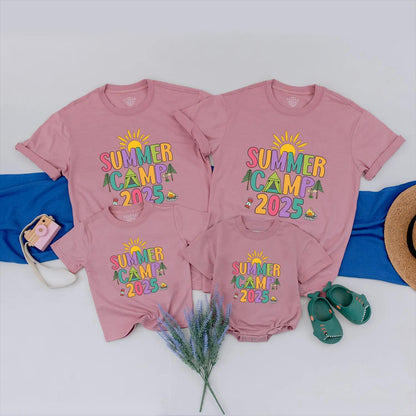 Colorful Summer Camp 2025 Shirt for Family Camping Vacation, Cheerful Group Tee with Sun Tent Campfire Graphics, Nature Lover Adventure Outfit