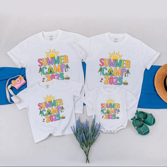 Colorful Summer Camp 2025 Shirt for Family Camping Vacation, Cheerful Group Tee with Sun Tent Campfire Graphics, Nature Lover Adventure Outfit