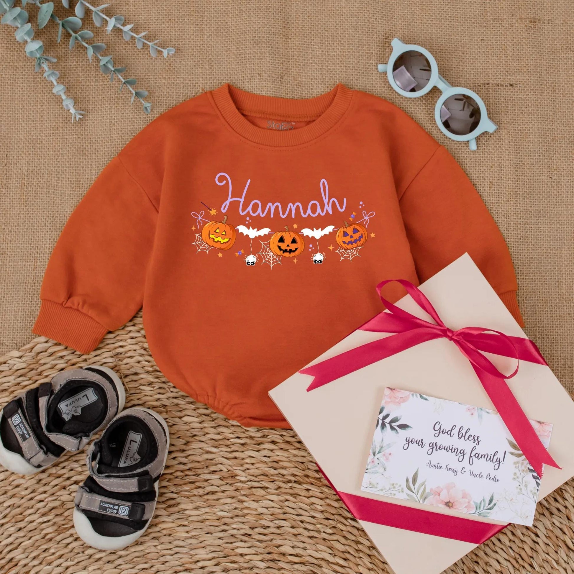 First Halloween Baby Girl Romper Personalized Pumpkin Name Outfit Cute Spooky Season Fall Baby Clothes for Girls Custom Newborn Outfit