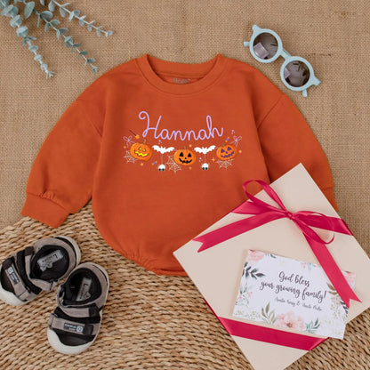First Halloween Baby Girl Romper Personalized Pumpkin Name Outfit Cute Spooky Season Fall Baby Clothes for Girls Custom Newborn Outfit