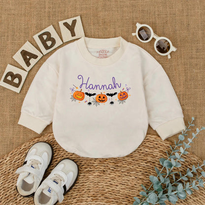 First Halloween Baby Girl Romper Personalized Pumpkin Name Outfit Cute Spooky Season Fall Baby Clothes for Girls Custom Newborn Outfit